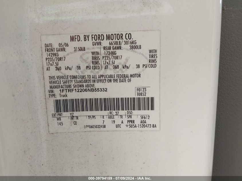 2006 Ford F-150 Stx/Xl/Xlt VIN: 1FTRF12206NB55332 Lot: 39794159