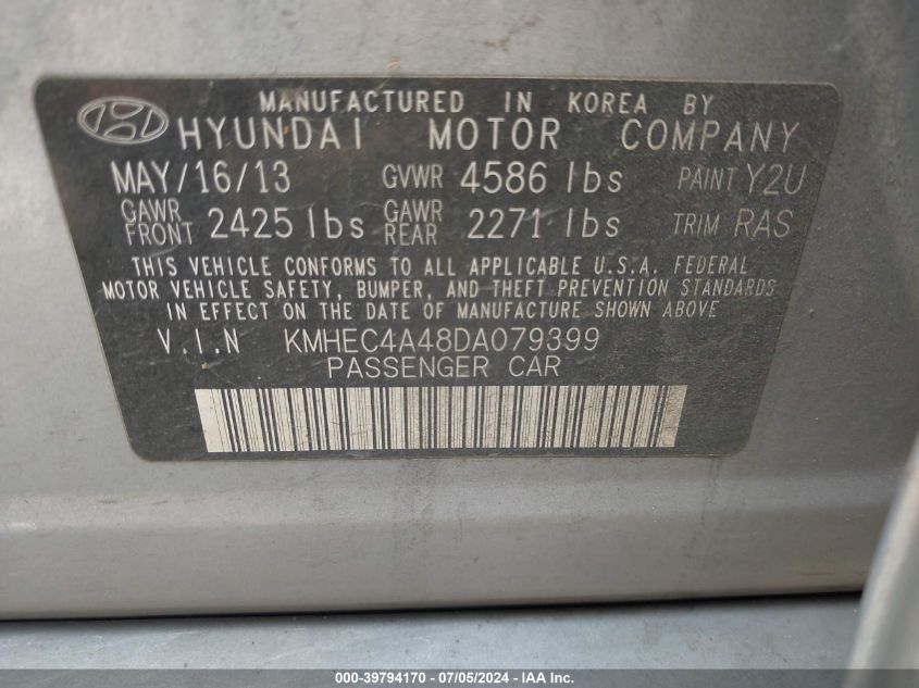 2013 Hyundai Sonata Hybrid Limited VIN: KMHEC4A48DA079399 Lot: 39794170