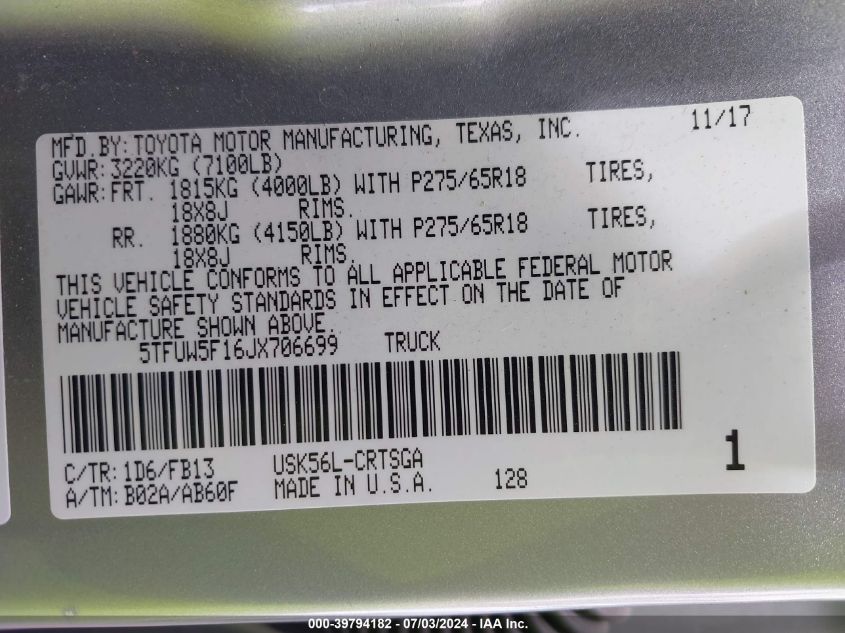 2018 Toyota Tundra Sr5 5.7L V8 VIN: 5TFUW5F16JX706699 Lot: 39794182