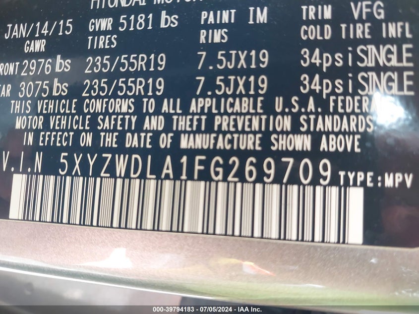 2015 Hyundai Santa Fe Sport 2.0L Turbo VIN: 5XYZWDLA1FG269709 Lot: 39794183