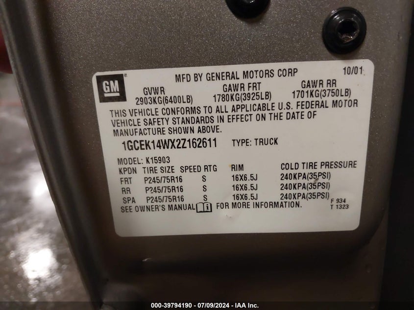 2002 Chevrolet Silverado 1500 K1500 VIN: 1GCEK14WX2Z162611 Lot: 39794190