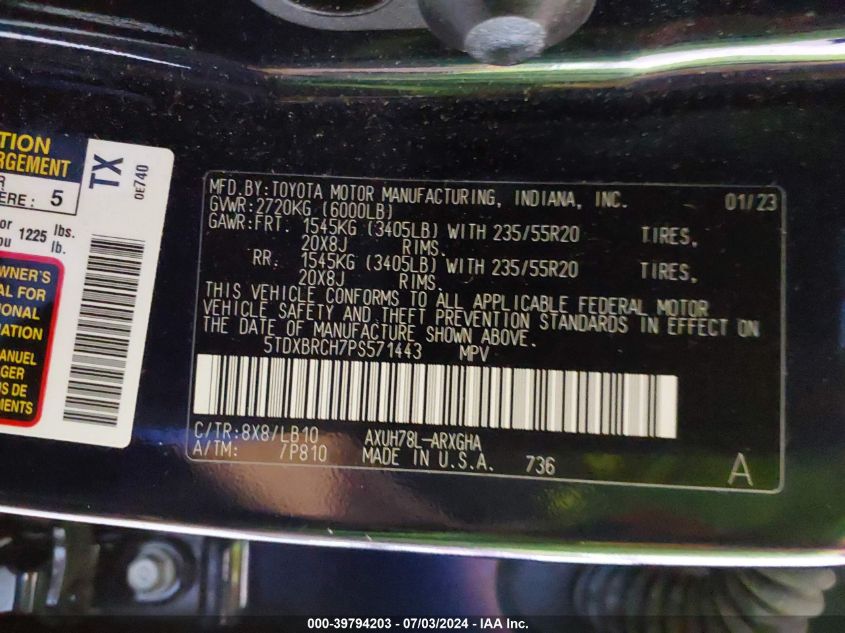 2023 Toyota Highlander Hybrid Limited VIN: 5TDXBRCH7PS571443 Lot: 39794203