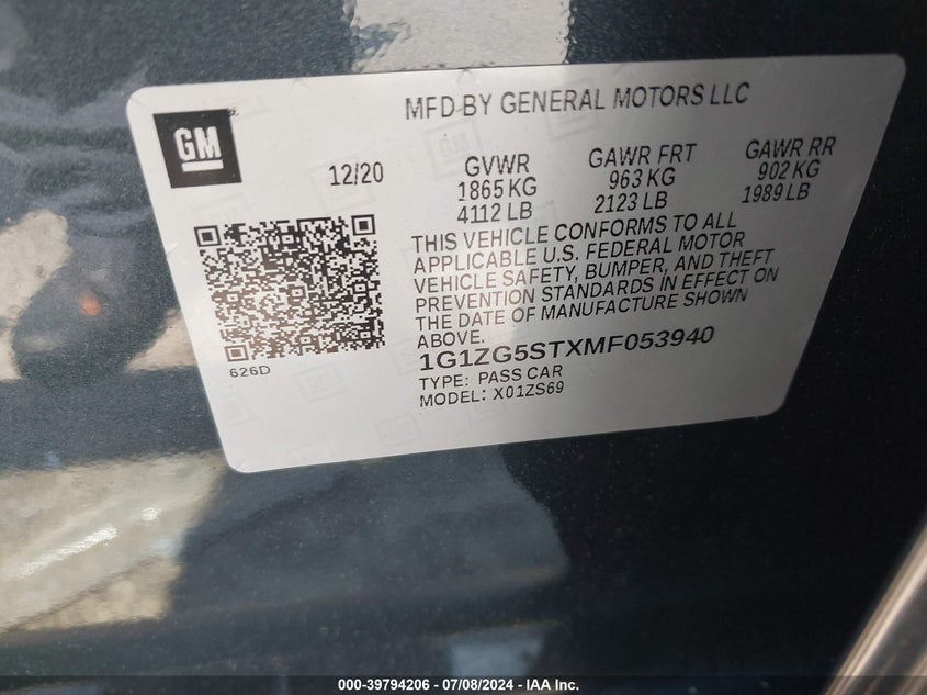 2021 Chevrolet Malibu Fwd Rs VIN: 1G1ZG5STXMF053940 Lot: 39794206