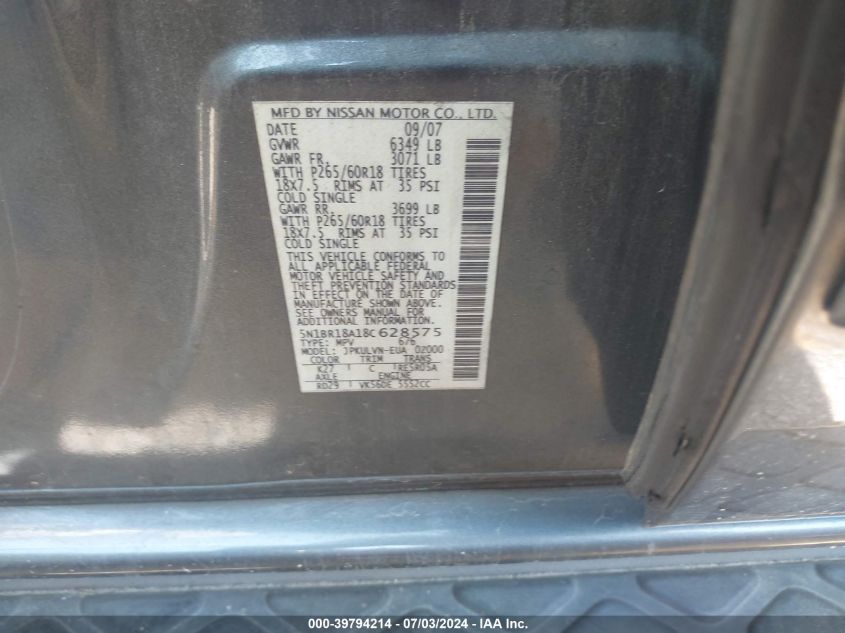 2008 Nissan Pathfinder Le V8 VIN: 5N1BR18A18C628575 Lot: 39794214