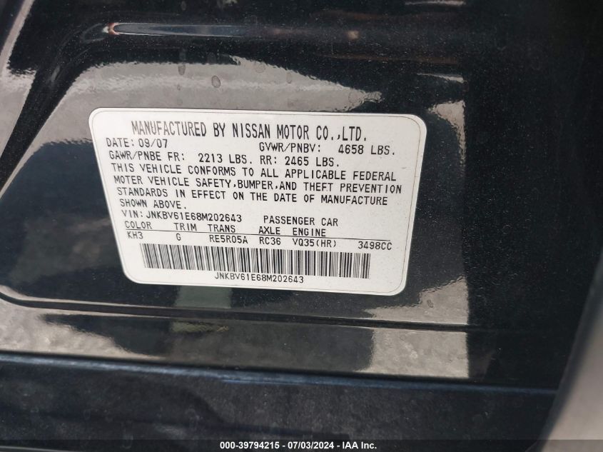 2008 Infiniti G35 VIN: JNKBV61E68M202643 Lot: 39794215