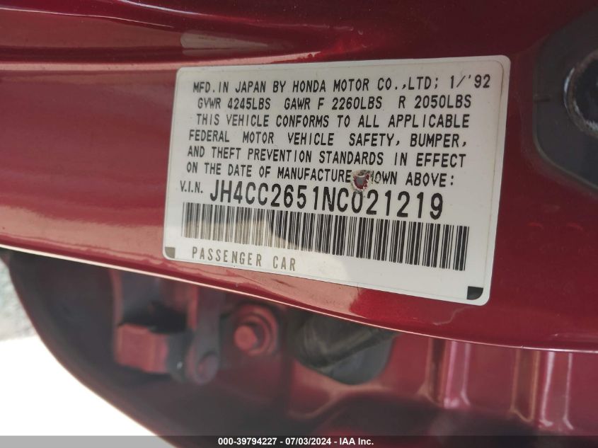 1992 Acura Vigor Gs VIN: JH4CC2651NC021219 Lot: 39794227