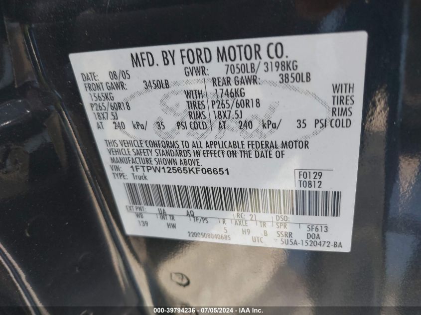 2005 Ford F-150 Lariat/Xlt VIN: 1FTPW12565KF06651 Lot: 39794236