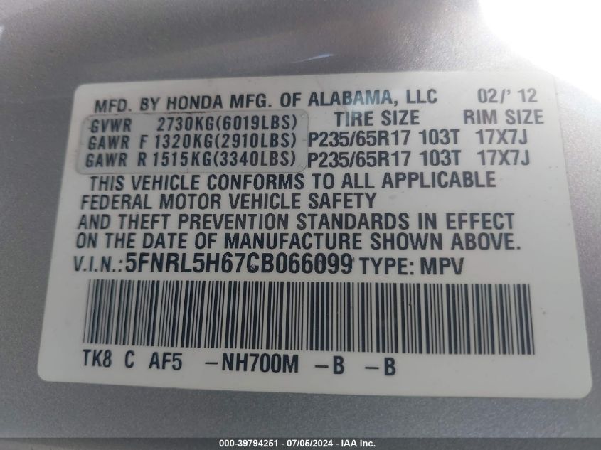 2012 Honda Odyssey Ex-L VIN: 5FNRL5H67CB066099 Lot: 39794251