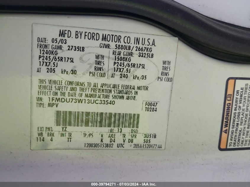 2003 Ford Explorer Nbx/Xlt VIN: 1FMDU73W13UC33540 Lot: 39794271