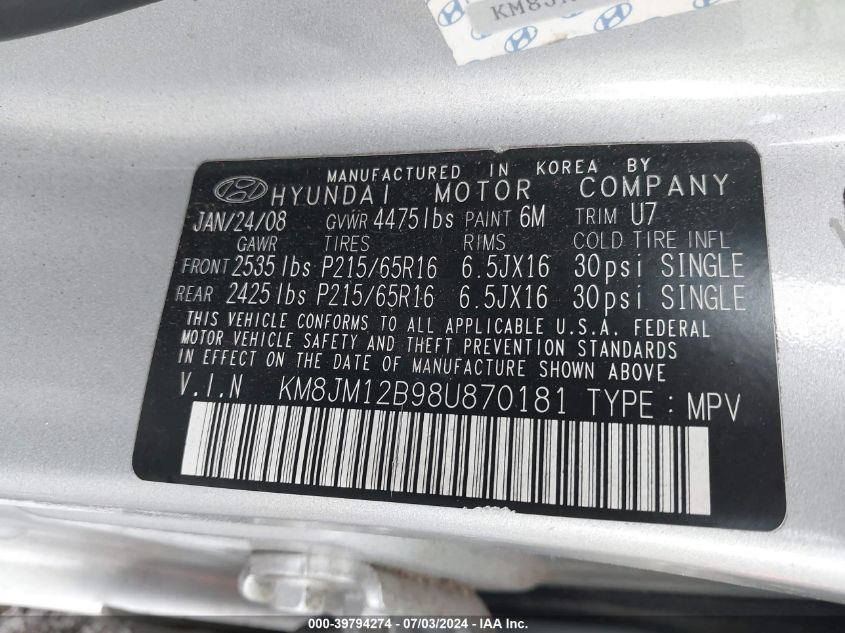 2008 Hyundai Tucson Gls VIN: KM8JM12B98U870181 Lot: 39794274