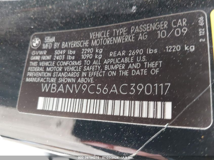 2010 BMW 535 Xi VIN: WBANV9C56AC390117 Lot: 39794275