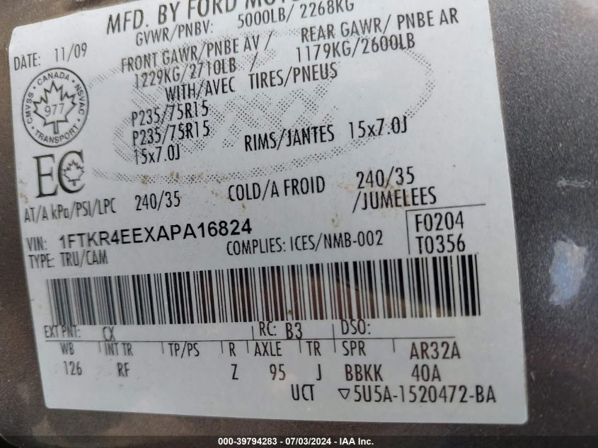 2010 Ford Ranger Sport/Xlt VIN: 1FTKR4EEXAPA16824 Lot: 39794283