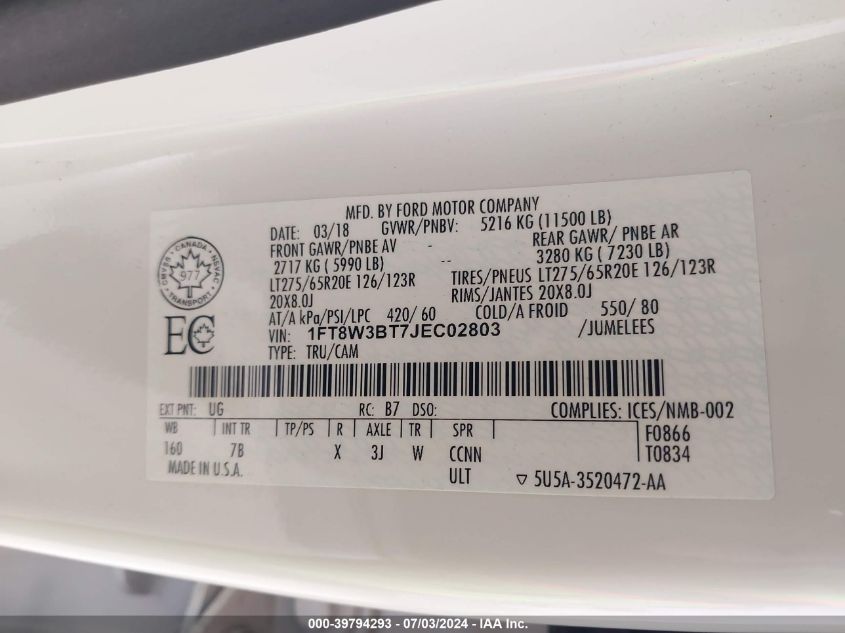 2018 Ford Super Duty F-350 Srw Platinum VIN: 1FT8W3BT7JEC02803 Lot: 39794293