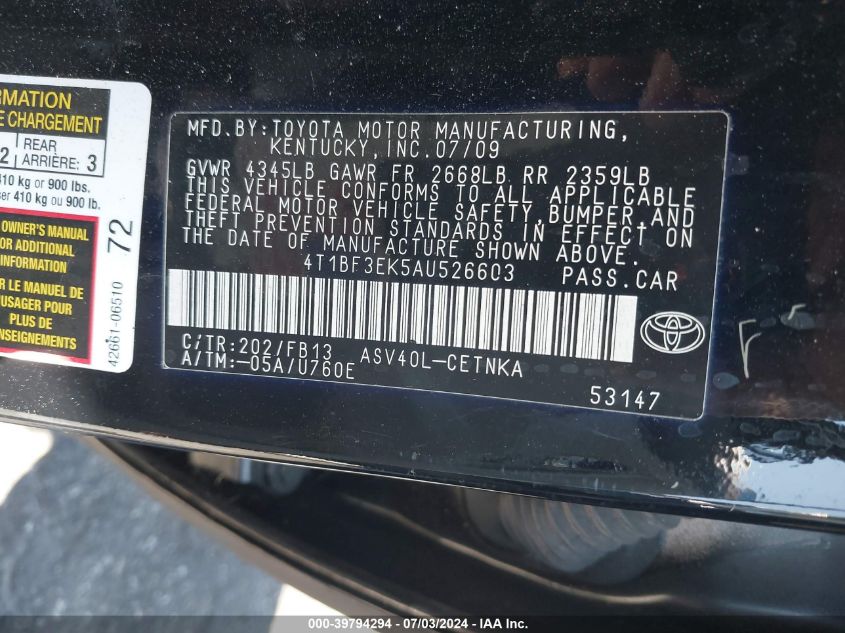 4T1BF3EK5AU526603 2010 Toyota Camry Le