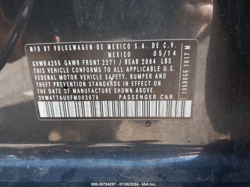 2015 Volkswagen Golf Gti 2.0T S 4-Door VIN: 3VW4T7AU0FM003678 Lot: 39794297