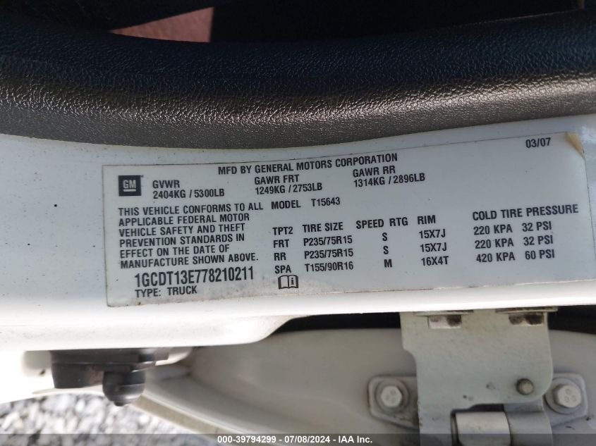 2007 Chevrolet Colorado VIN: 1GCDT13E778210211 Lot: 39794299