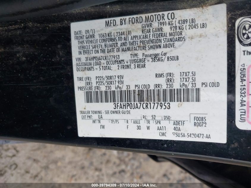 2012 Ford Fusion Sel VIN: 3FAHP0JA7CR177953 Lot: 39794309