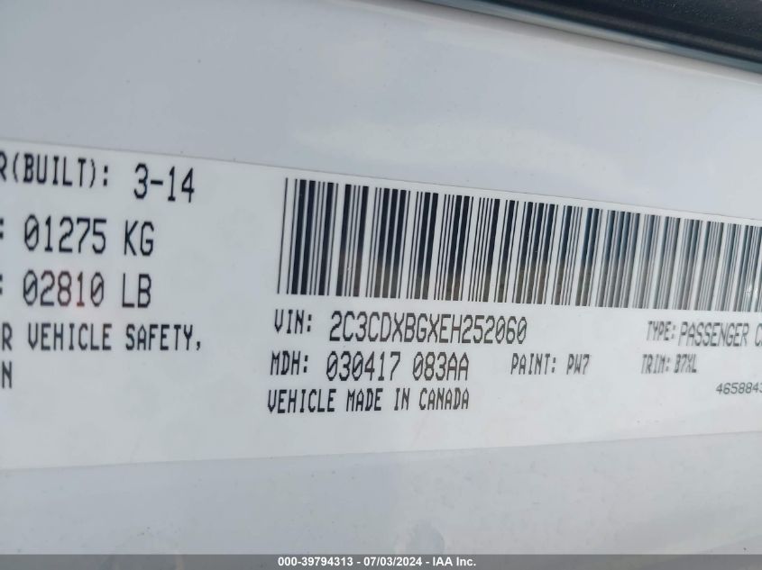 2014 Dodge Charger Se VIN: 2C3CDXBGXEH252060 Lot: 39794313