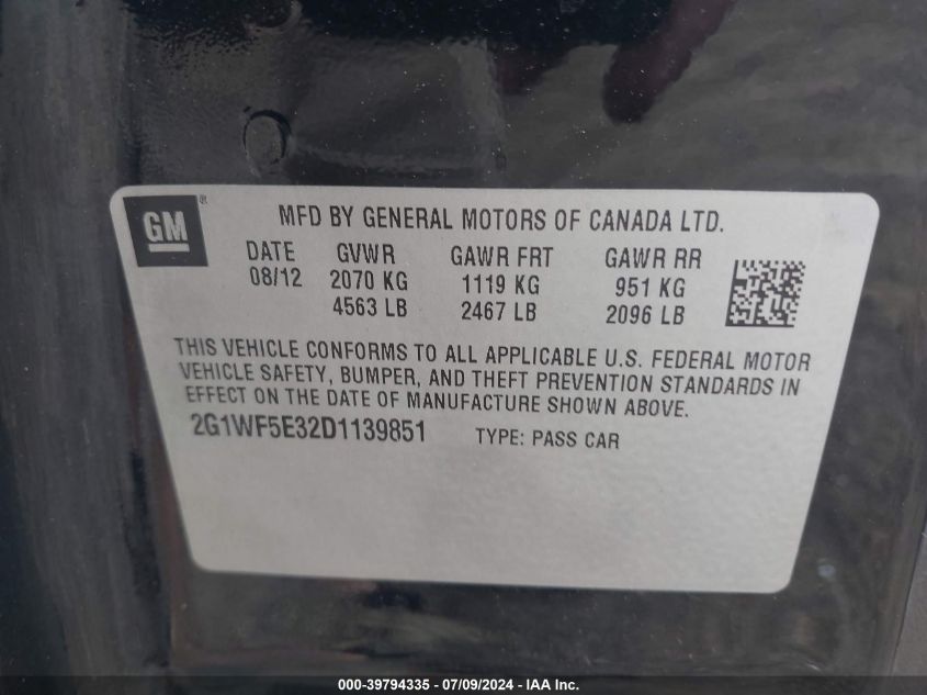 2013 Chevrolet Impala Ls VIN: 2G1WF5E32D1139851 Lot: 39794335