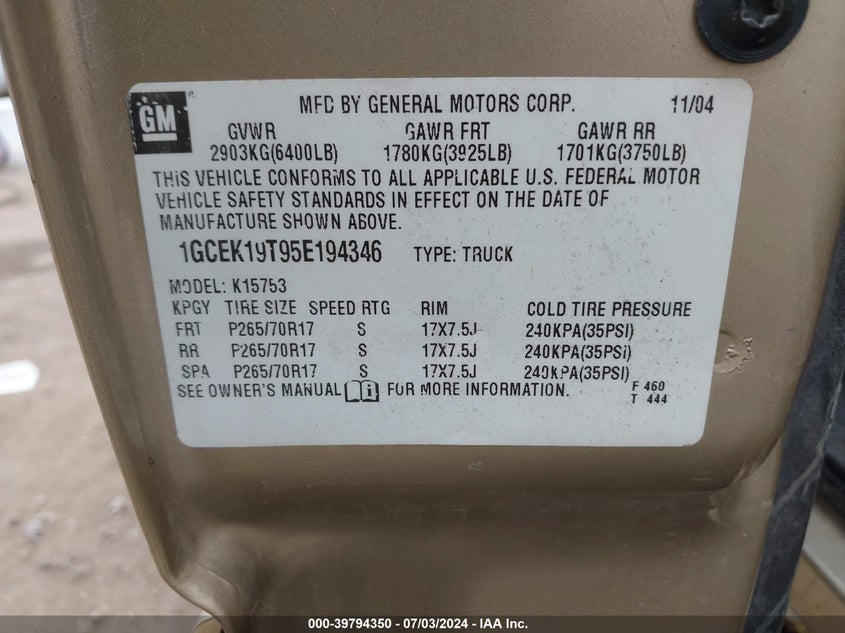 2005 Chevrolet Silverado 1500 Lt VIN: 1GCEK19T95E194346 Lot: 39794350