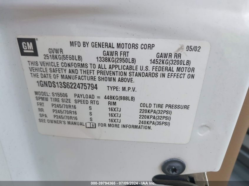 2002 Chevrolet Trailblazer VIN: 1GNDS13S622475794 Lot: 39794365
