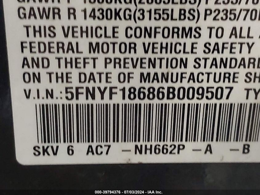 2006 Honda Pilot Ex-L VIN: 5FNYF18686B009507 Lot: 39794376