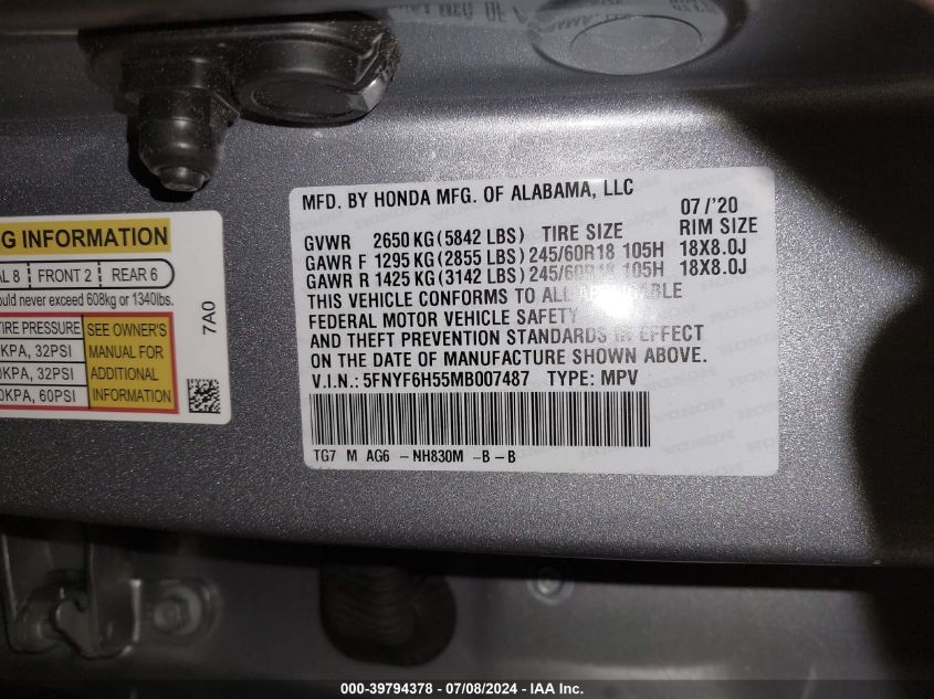 2021 Honda Pilot Exl VIN: 5FNYF6H55MB007487 Lot: 39794378