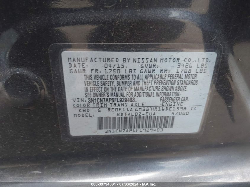 2015 Nissan Versa 1.6 Sv VIN: 3N1CN7AP6FL929403 Lot: 39794381