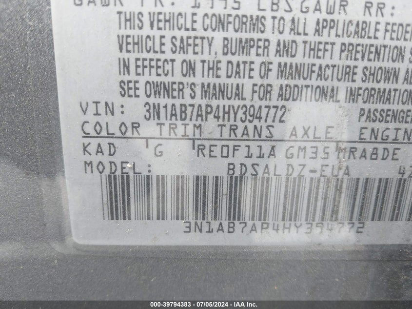 2017 Nissan Sentra Sv VIN: 3N1AB7AP4HY394772 Lot: 39794383