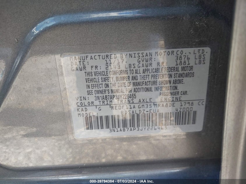 2018 Nissan Sentra S/Sv/Sr/Sl VIN: 3N1AB7AP3JY226465 Lot: 39794384