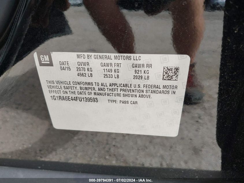 2015 Chevrolet Volt VIN: 1G1RA6E44FU139593 Lot: 39794391