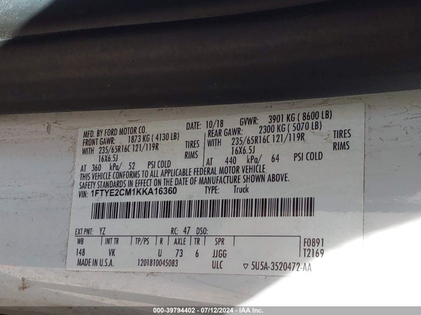 2019 Ford Transit-150 VIN: 1FTYE2CM1KKA16360 Lot: 39794402