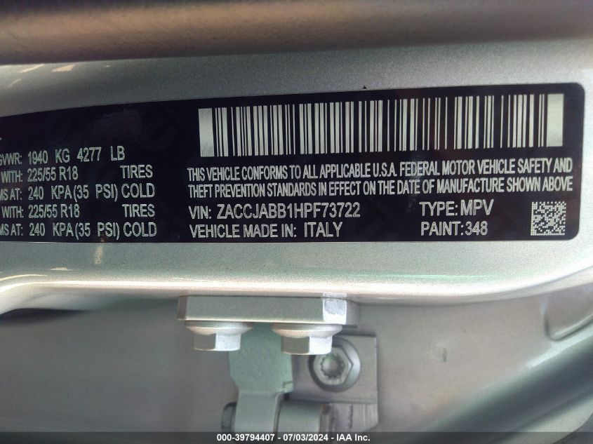 2017 Jeep Renegade Latitude Fwd VIN: ZACCJABB1HPF73722 Lot: 39794407