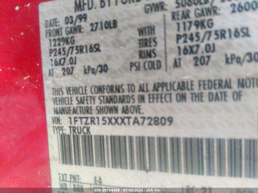 1999 Ford Ranger Xlt VIN: 1FTZR15XXXTA72809 Lot: 39794409