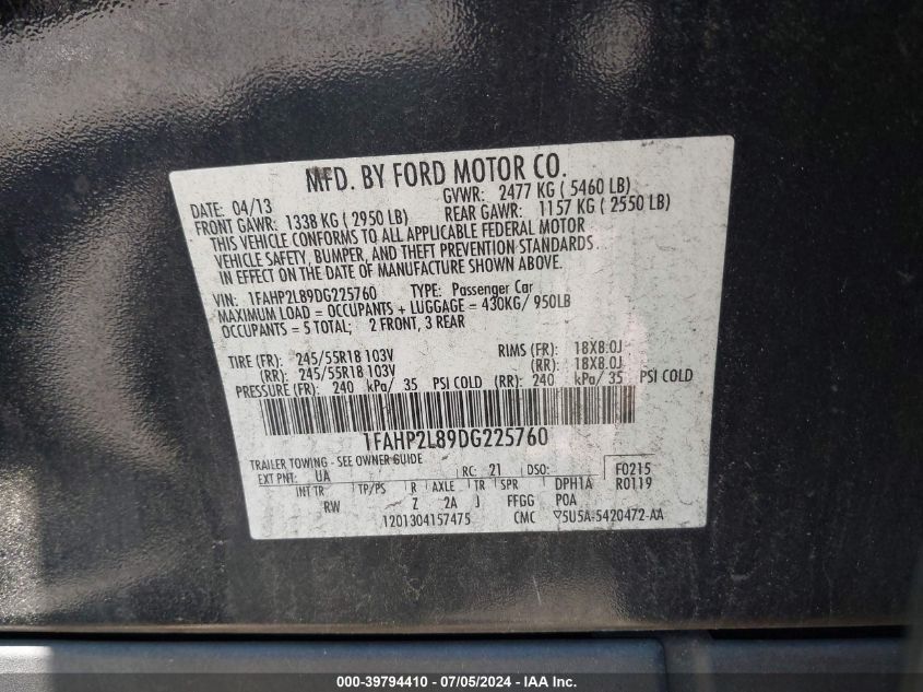 2013 Ford Police Interceptor VIN: 1FAHP2L89DG225760 Lot: 39794410