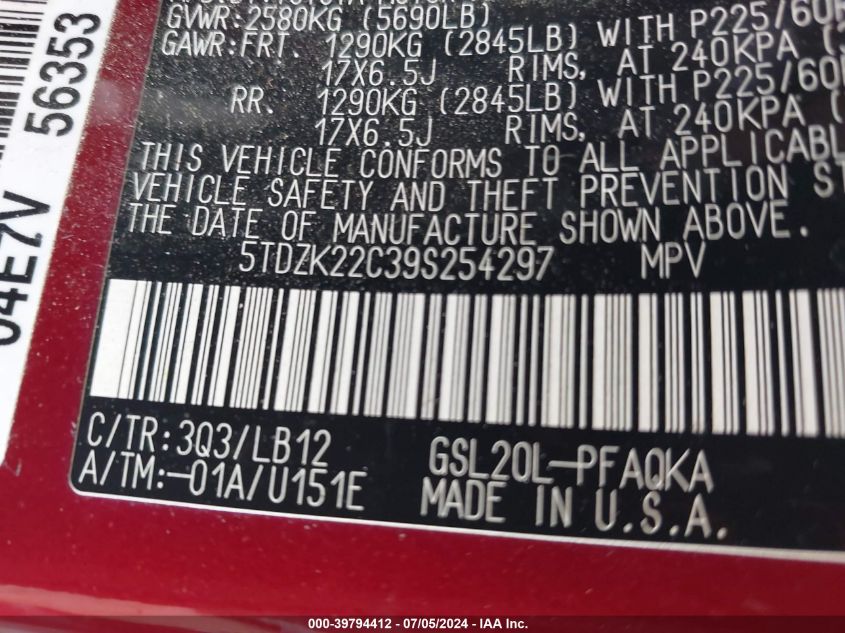 2009 Toyota Sienna Xle VIN: 5TDZK22C39S254297 Lot: 39794412