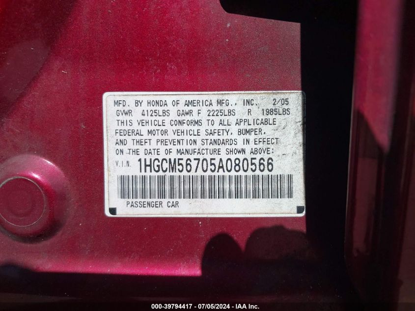 2005 Honda Accord 2.4 Ex VIN: 1HGCM56705A080566 Lot: 39794417
