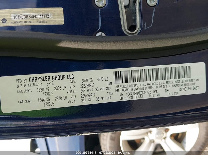 2014 Jeep Compass Sport VIN: 1C4NJDBB4ED644772 Lot: 39794418