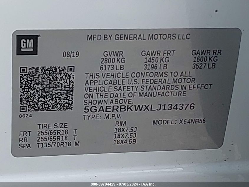 2020 Buick Enclave Fwd Essence VIN: 5GAERBKWXLJ134376 Lot: 39794429