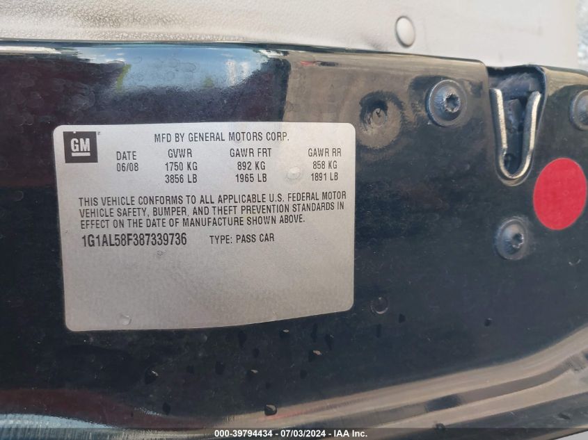 2008 Chevrolet Cobalt Lt VIN: 1G1AL58F387339736 Lot: 39794434