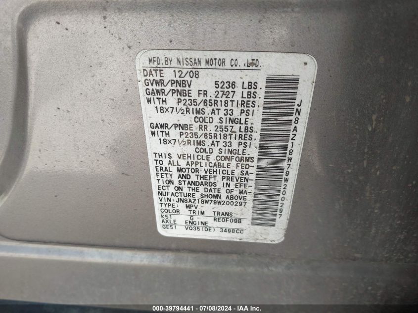 2009 Nissan Murano S VIN: JN8AZ18W79W200297 Lot: 39794441