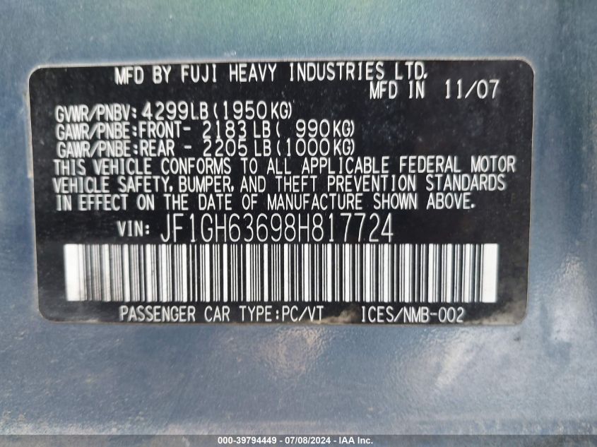 2008 Subaru Impreza Outback Sport VIN: JF1GH63698H817724 Lot: 39794449