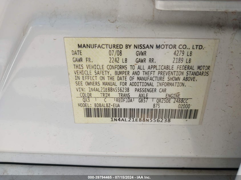 2008 Nissan Altima 2.5 S VIN: 1N4AL21E88N556238 Lot: 39794465