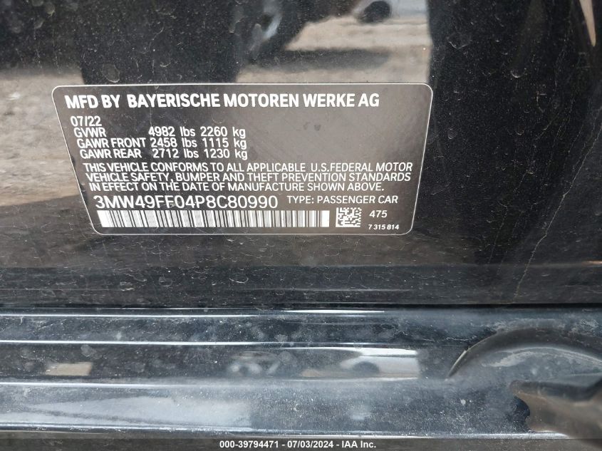 2023 BMW 3 Series M340I xDrive VIN: 3MW49FF04P8C80990 Lot: 39794471