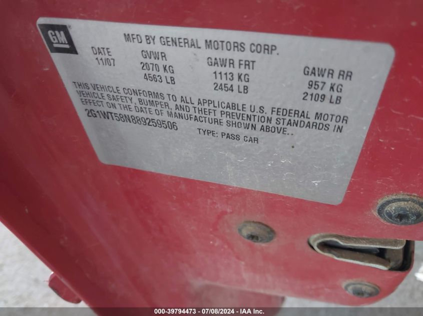2008 Chevrolet Impala Lt VIN: 2G1WT58N889259506 Lot: 39794473