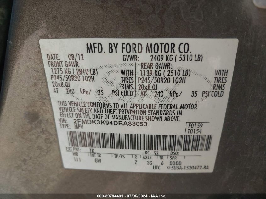 2FMDK3K94DBA83053 2013 Ford Edge Limited