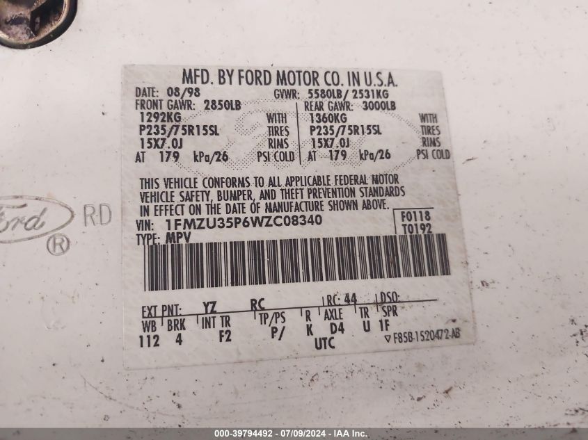 1998 Ford Explorer VIN: 1FMZU35P6WZC08340 Lot: 39794492