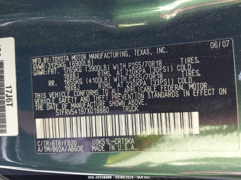2007 Toyota Tundra Sr5 V8 VIN: 5TFRV54197X018880 Lot: 39794499