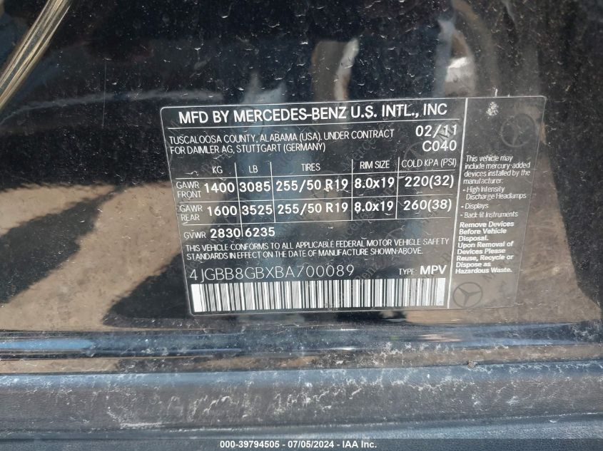 2011 Mercedes-Benz Ml 350 4Matic VIN: 4JGBB8GBXBA700089 Lot: 39794505