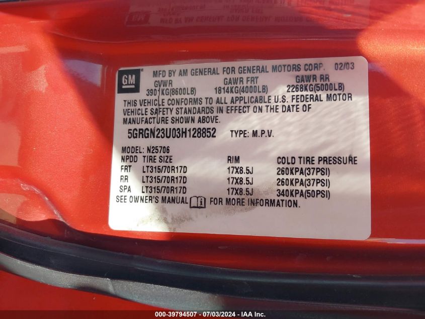 2003 Hummer H2 VIN: 5GRGN23U03H128852 Lot: 39794507